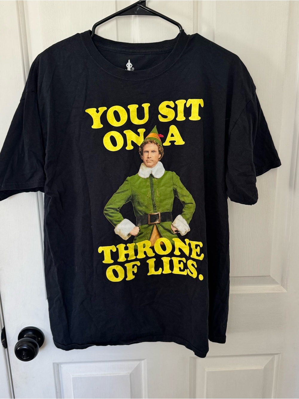 Ripple Junction Black Short-Sleeve Graphic Tee with Yellow Text and Green Elf